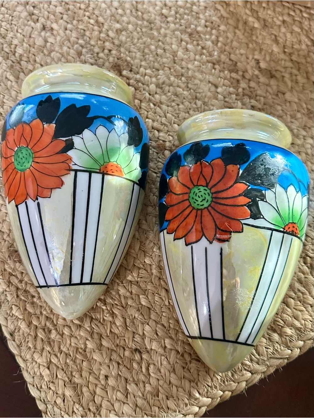 Pair of Floral Japanese Wall Pockets in Blue, Orange and Cream